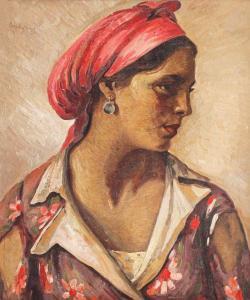 BULGARAS Petre 1884-1939,Young Lady with Pink Scarf,1930,Artmark RO 2023-01-18