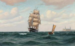 BULOW Axel 1900,Seascape with sailing ship and a dinghy off the co,Bruun Rasmussen DK 2018-10-22