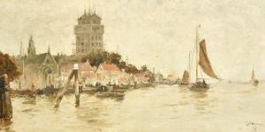 BUNN George 1885-1898,barges approaching a Continental town quay,1897,John Nicholson GB 2022-09-07