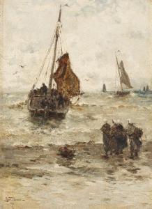BUNN George 1885-1898,Fishing vessel coming to shore with figures lookin,1896,Rosebery's 2022-07-19