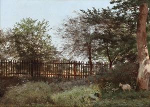 BUNTZEN Heinrich,Garden with a goat standing by a large tree, in th,Bruun Rasmussen 2024-02-26