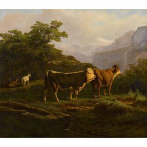 BURCKHARDT Ludwig 1807-1878,Kühe und Ziegen vor den Berner-Alpen,Dobiaschofsky CH 2013-05-15
