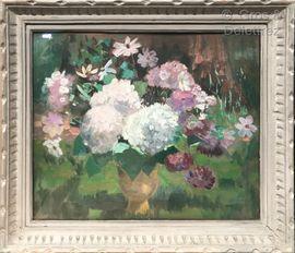 BURDEAU Clémence Louise,Bouquet d hortensias roses et blancs sur fond de j,Gros-Delettrez 2021-06-23