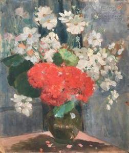 BURDEAU Clémence Louise 1891-1983,Bouquet de géraniums et fleurs blanches,Gros-Delettrez 2021-06-23