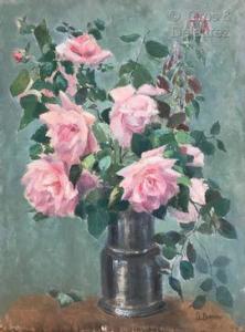 BURDEAU Clémence Louise 1891-1983,Bouquet de roses dans un pot à lait,Gros-Delettrez FR 2021-06-23