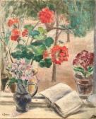 BURDEAU Clémence Louise,Géraniums, bouquets et livre ouvert à la fenêtre,Gros-Delettrez 2021-06-23