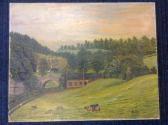 BURDON AM,Naive landscape with figure on bridge and cottages,1890,Jim Railton GB 2016-02-27