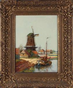 BURKENS G,River boat, windmill and bulb fields,1930,Twents Veilinghuis NL 2017-04-14