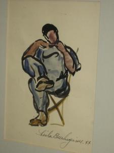 BURLINGAME Sheila Ellsworth,) Seated man in blue overalls,1944,Ivey-Selkirk Auctioneers 2009-11-16