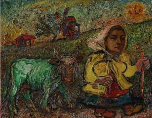BURLJUK David Davidovich 1882-1967,Girl with a cow,1949,Sovcom RU 2024-04-02
