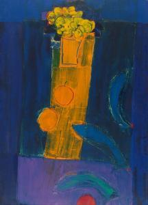 BURNS Julia 1900-1900,STILL LIFE YELLOW ON BLUE,1989,Ross's Auctioneers and values IE 2024-01-24