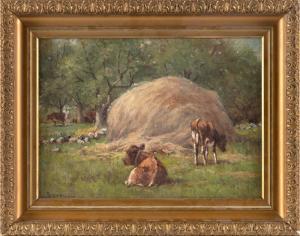 BURRILL Edward E. 1835-1913,Cattle by a haystack,Eldred's US 2023-07-28