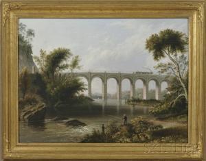 BURT James 1800-1800,Figures Fishing on a Riverbank, Railroad Bridge wi,1832,Skinner US 2012-10-28