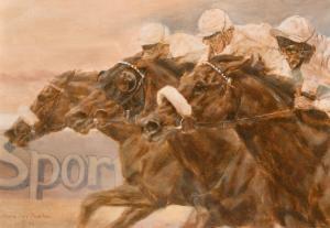 BURTON Claire Eva,A scene of three horses and their jockeys heading ,1984,John Nicholson 2021-06-23