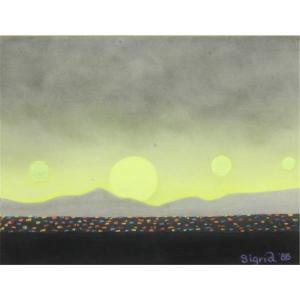 burton sigrid 1951,Futuristic scene with four setting suns over m,20th Century,Ripley Auctions 2019-07-20