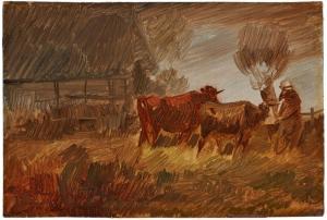 BUSCH Wilhelm 1832-1908,Zwei Kühe mit Bäuerin am Stall,1863,Dobritz DE 2023-11-18