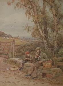 BUSHBY Thomas 1861-1918,Country scene, man and boy resting on cou,1899,The Cotswold Auction Company 2019-10-22