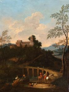 BUSIRI Giovan Battista 1698-1757,Paesaggio con ponte, cavalieri, pastori e arme,Bertolami Fine Arts 2024-04-18