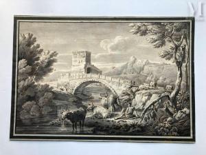 BUSIRI Giovan Battista 1698-1757,Paysage animé au pont avec berger et son tr,1806,Millon & Associés 2023-10-10