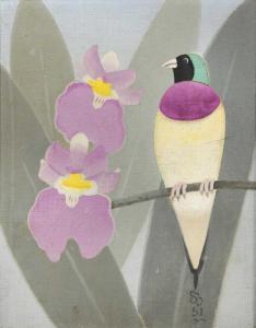 BUSSY Simon Albert,A Lady Gouldian finch perching beside purple irise,1951,Cheffins 2023-02-23