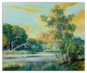 BUTLER Robert 1943-2014,Sunlit Florida Highwaymen River Landscape with Herons,Burchard US 2020-10-18