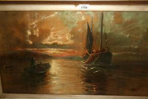 Butterworth J.H,sunset marinescape with figures hauling nets on,Lawrences of Bletchingley 2018-03-08