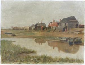 BUXTON William Graham,coastal scene with boats and beach side cottages,Ewbank Auctions 2021-03-25