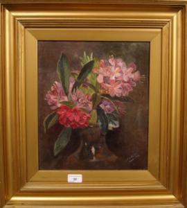 C. F. W. KERR 1800-1800,A still life of magenta rhododendrons in a vase,1916,Dickins GB 2008-09-20
