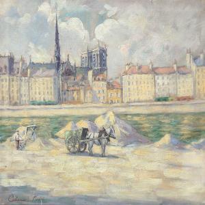 CABANE André,View of Paris with a laborer and carriage in the f,Bruun Rasmussen DK 2013-09-16