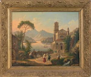 CACHEUX Jean Pierre 1822-1848,Danseurs devant une église dans un paysage lac,1828,Beaussant-Lefèvre 2016-06-03