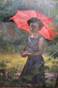 CADMAN Michael Lawrence,young lady with parasol in a garden,Lawrences of Bletchingley 2022-09-06