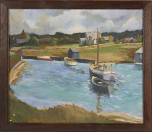 CAHOON QUENTIN R,A harbor landing with catboat in foreground and ho,1935,Eldred's 2014-11-20