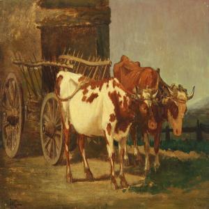 CAILLARD J.R 1900-1900,Two cows with a hay wagon,Bruun Rasmussen DK 2012-12-03
