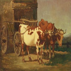 CAILLARD J.R 1900-1900,Two cows with a hay wagon,Bruun Rasmussen DK 2013-01-07