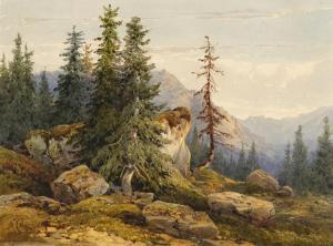 CALAME Alexandre,Mountain landscape with fir trees amongst rocks an,1847,Galerie Koller 2024-03-22