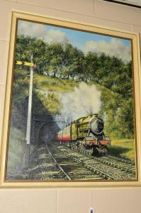 CALVERT Robert K 1900-1900,A steam train exiting a tunnel against a tree lin,1975,Richard Winterton 2019-11-26