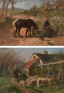 CALVES Léon Georges,Watering the horses; Woman on a donkey outside a c,Woolley & Wallis 2024-03-06