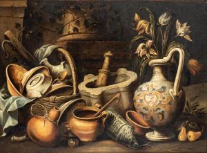 CALZA Antonio,Natura morta con stoviglie, mortaio e vaso di fior,Bertolami Fine Arts 2023-11-23