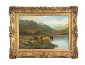 CAMERON Douglas 1800-1900,Highland cattle watering at a mountainous loch,Adams IE 2022-04-26
