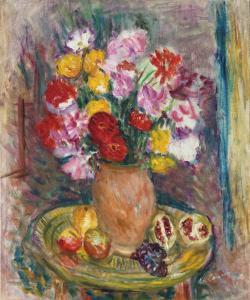 CAMOIN Charles,Pot de grès rose aux zinias et aux fruits sur un p,1957,Christie's 2024-04-10