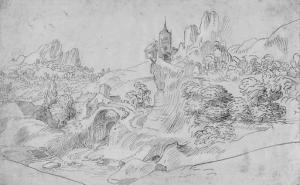 CAMPAGNOLA Domenico,A mountainous landscape with a castle on an outcro,1500,Christie's 2001-07-09
