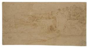 CAMPAGNOLA Domenico 1484-1564,Landscape with a Villa near a Waterfall,Swann Galleries US 2007-01-29