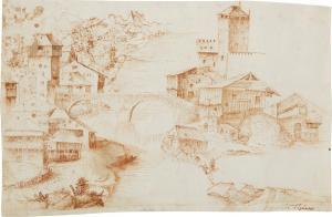 CAMPAGNOLA Giulio 1481-1516,Recto: River landscape with buildings and a bridge,Sotheby's 2022-01-26