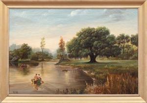 CAMPBELL John Reed,Louisiana Landscape with Boaters and Dock,1948,Neal Auction Company 2021-04-17