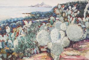 CAMPBELL L 1900-1900,Cactus with a coastal landscape beyond and a Medit,Rosebery's GB 2013-01-19