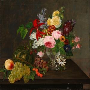 CAMRADT Johannes Ludwig 1779-1849,Still life with summer flowers in a vase and grap,Bruun Rasmussen 2016-08-22