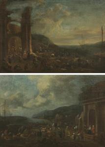 CANTON Frans Thomas 1671-1734,Emsiges Treiben mit zahlreichen Kaufleuten an medi,Nagel DE 2020-03-18