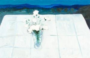 CAPPER Chris 1951,WHITE FLOWERS ON A WHITE TABLE CLOTH,GFL Fine art AU 2023-03-12