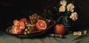 CARABAIN Emile 1800-1900,Grapes and oranges in a bowl with a vase of roses,Christie's GB 2000-12-07