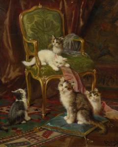 CARDON Charles Léon 1850-1921,Kittens playing on a green Louis XV fauteuil,Galerie Koller 2017-09-22